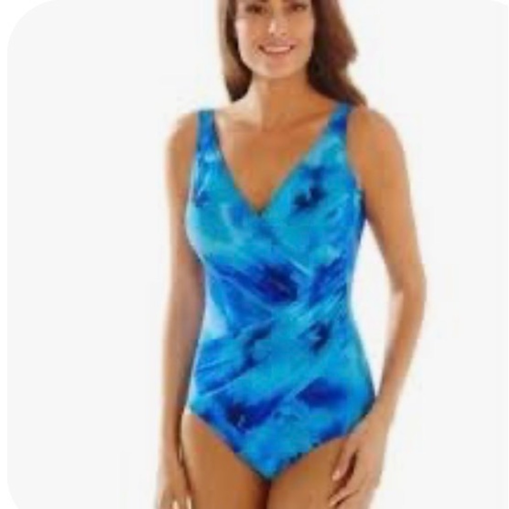 Miraclesuit Blue abstract surplice one piece swimsuit s12 slimming coastal beach